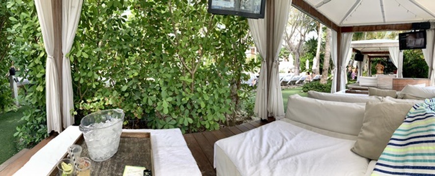 Cushioned outdoor seating on a covered terrace